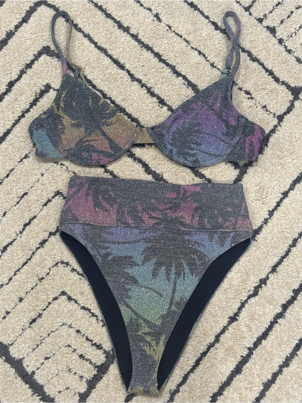 Rare! Beach Riot High Way Ombre Palm Madness Sparkle Bikini Top L Bottom S